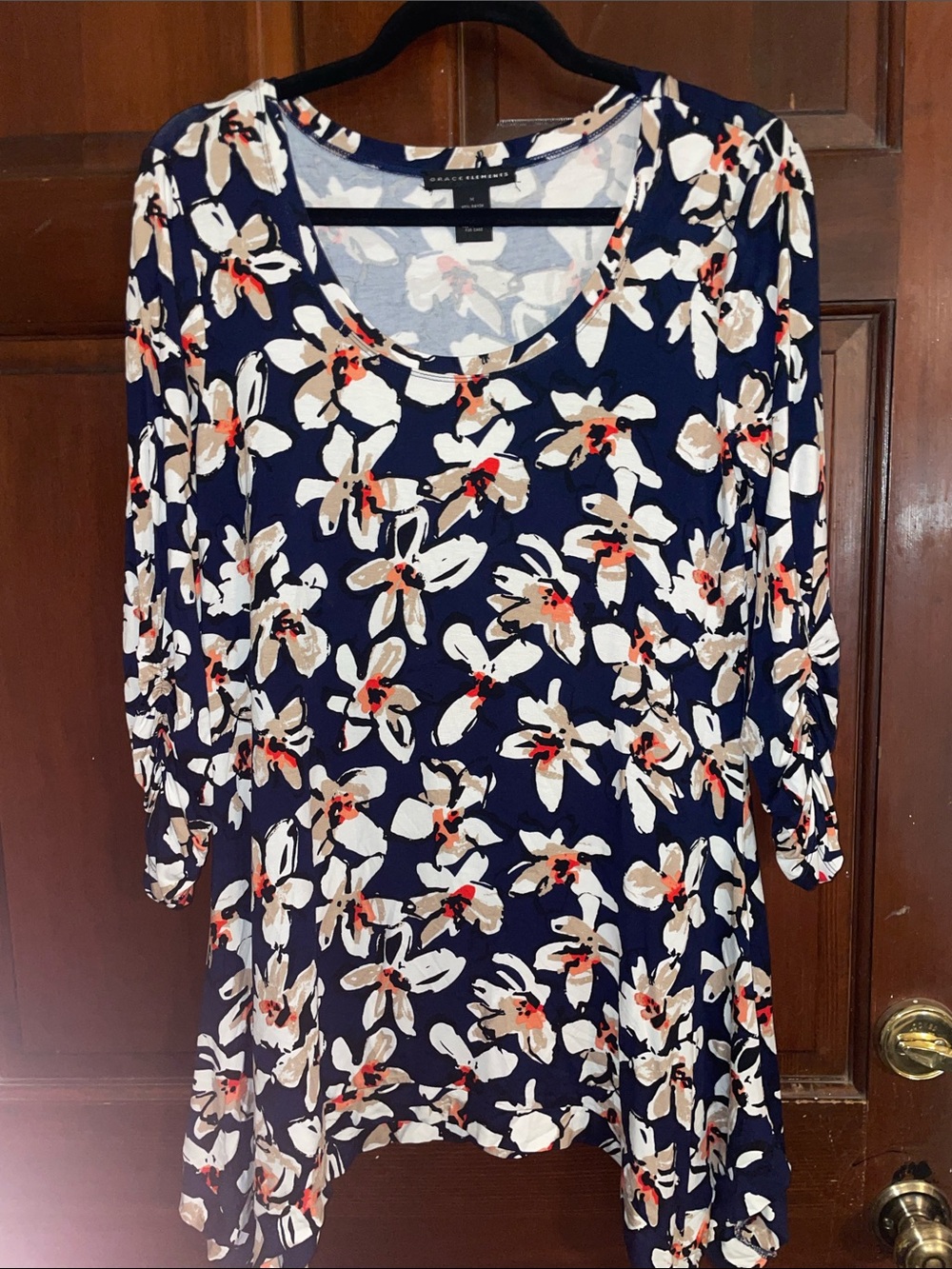 Grace Elements Navy Floral Long Sleeve Scoop Neck Tunic Dress